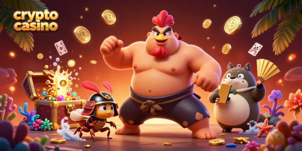 Engaging 3D scene of a crypto casino featuring iconic characters, coins, and colorful game elements.