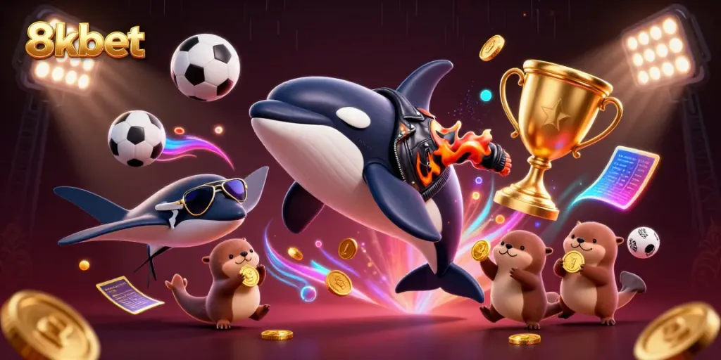 Engage in thrilling gameplay with 8xbet's dynamic gaming scene featuring vibrant characters and sports elements.