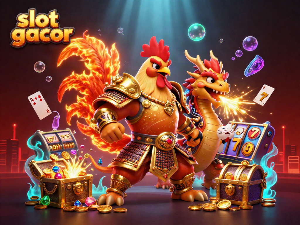 Slot gacor menampilkan petarung jantan dengan armor emas dan naga bersinar, menggambarkan kemenangan judi.