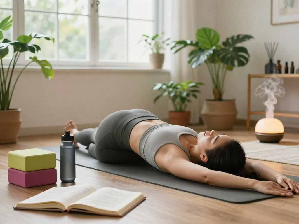 Motchill yoga practice in a bright home, creating a serene atmosphere with plants and wellness props.