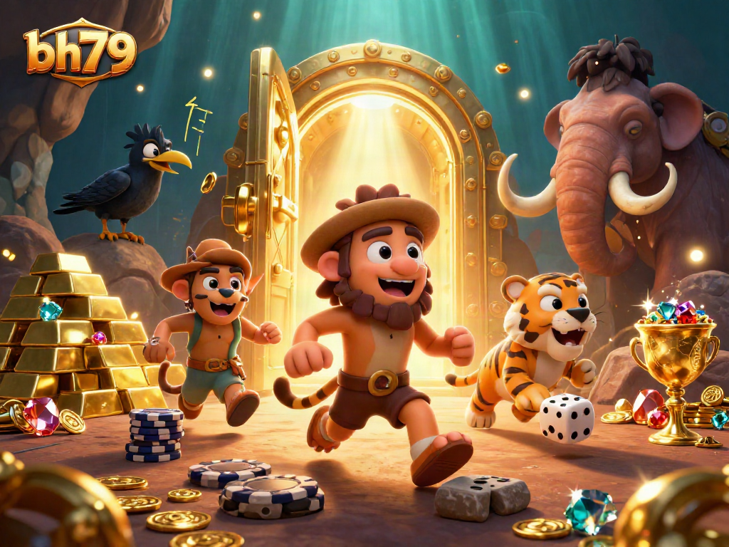 Experience the thrill of bh79 with a vibrant prehistoric casino scene featuring cavemen and treasures galore.