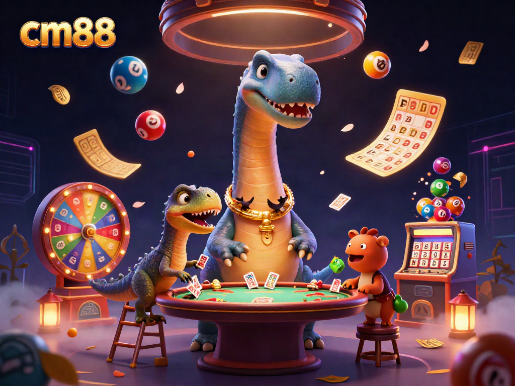 Experience the excitement of cm88 with a playful 3D casino-themed illustration featuring dynamic gambling elements