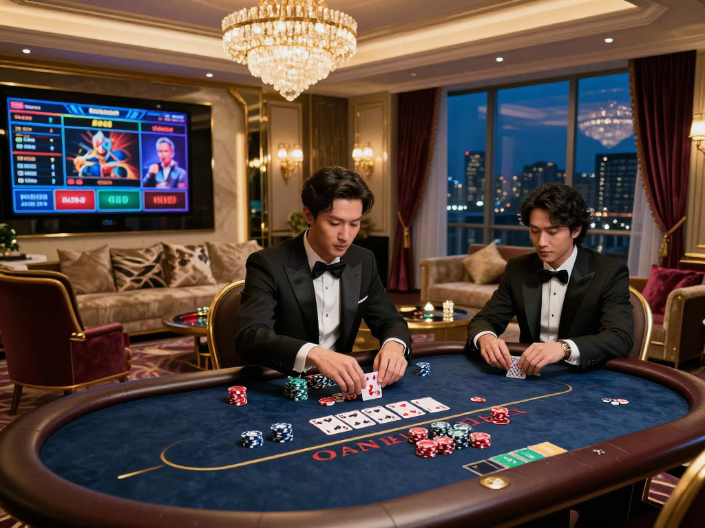Pengalaman bermain luxury12 di kasino online mewah dengan kartu dan chip poker di meja.