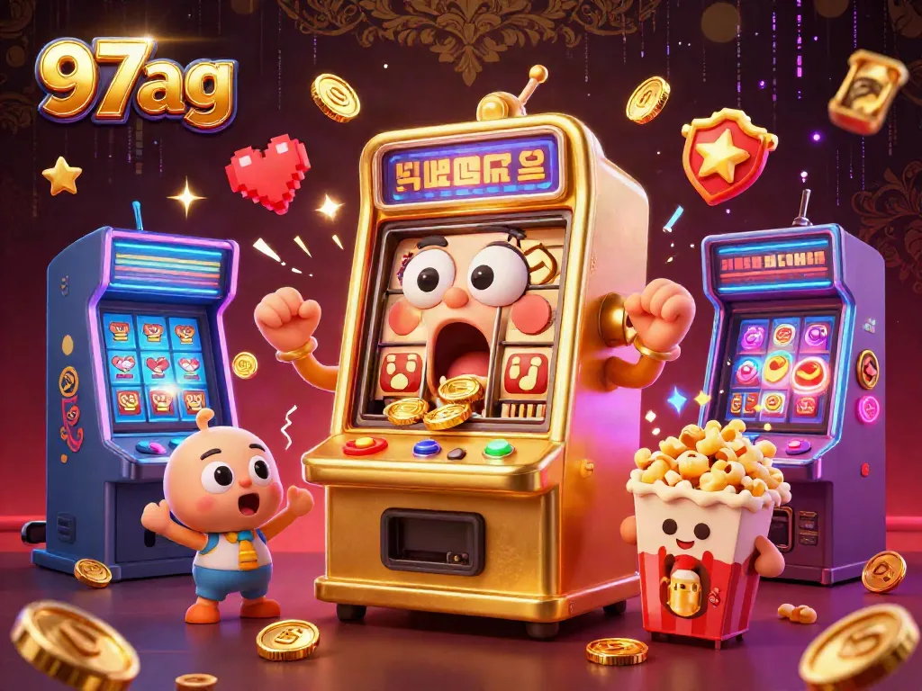 Experience the excitement of 97ag as a golden slot machine hits the jackpot, showering coins everywhere.