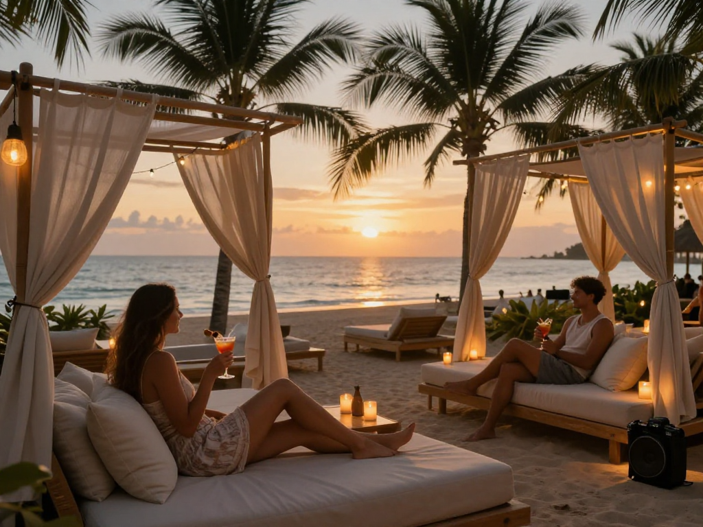Relaxing beachside scene showcasing an escort service in Goa with an attractive couple enjoying the sunset ambiance.