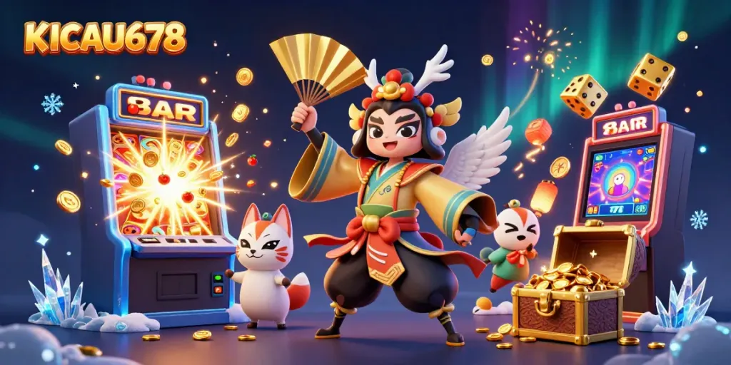 Experience the excitement of KICAU678 with a colorful jackpot scene featuring dynamic casino characters and elements.
