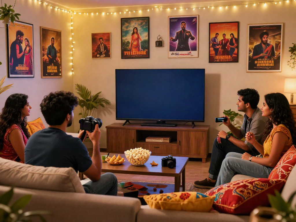 Friends enjoying aagmaal viewing experience in a cozy living room with Indian film decor.