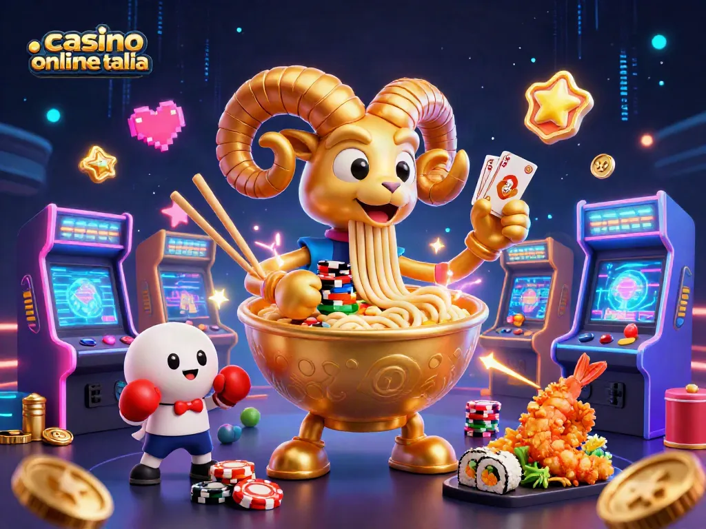Casino online Italia: divertenti personaggi di sushi e ramen animati mentre distribuiscono carte e chip in un casinò virtuale.