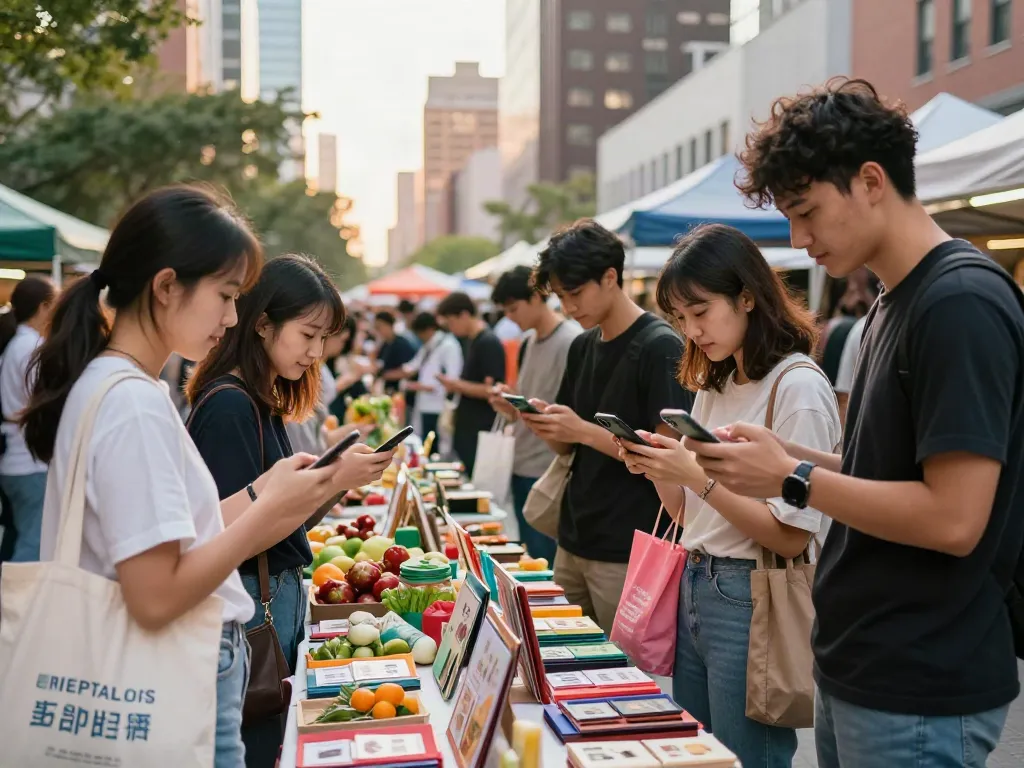 People shopping at a vibrant market showcasing local products, embodying the spirit of rokok88.