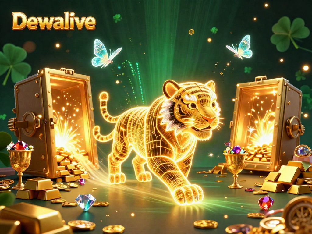 Dewalive showcases a vibrant 3D casino scene with a glowing tiger and treasures galore.
