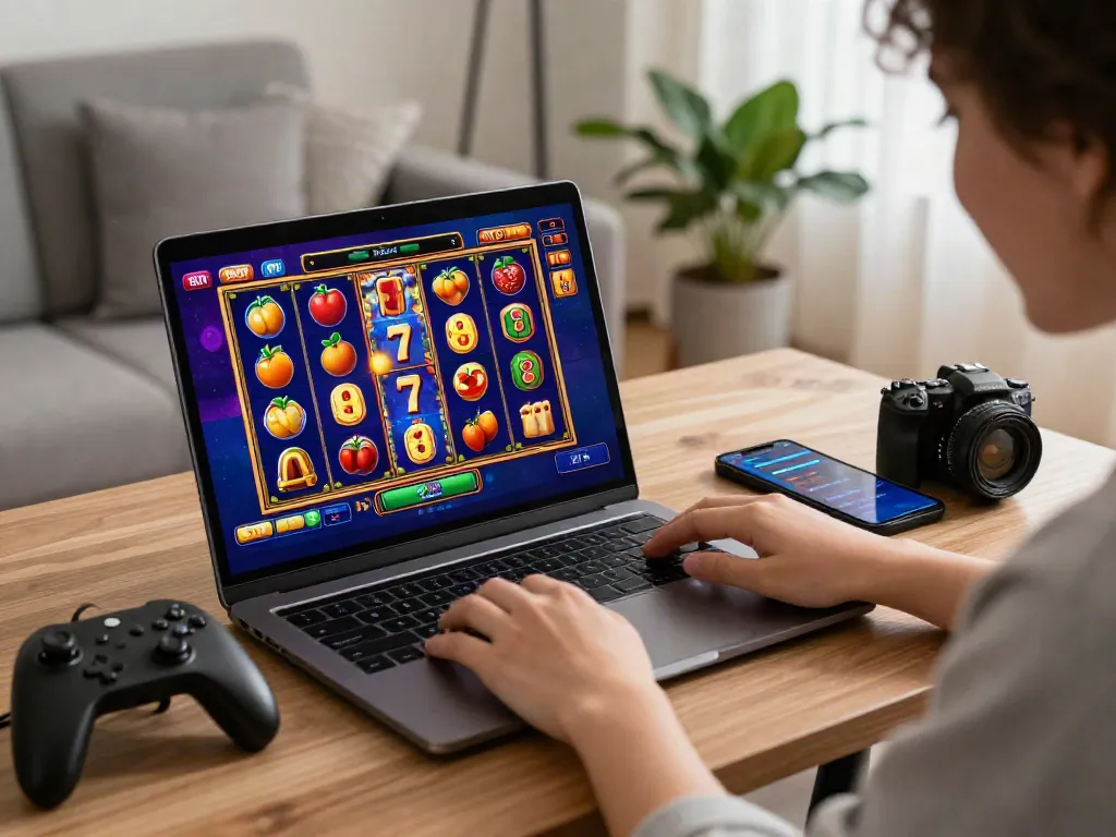 Engaging player enjoying an online slot game experience on a laptop with colorful graphics.