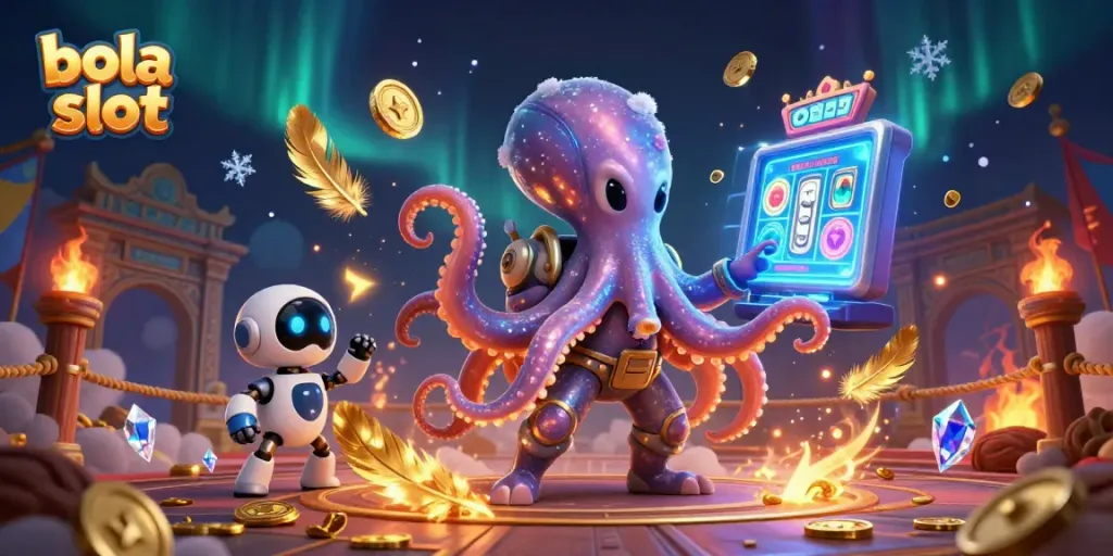 Engage in thrilling bola slot gameplay with a cosmic twist featuring an alien octopus and a tiny robot.