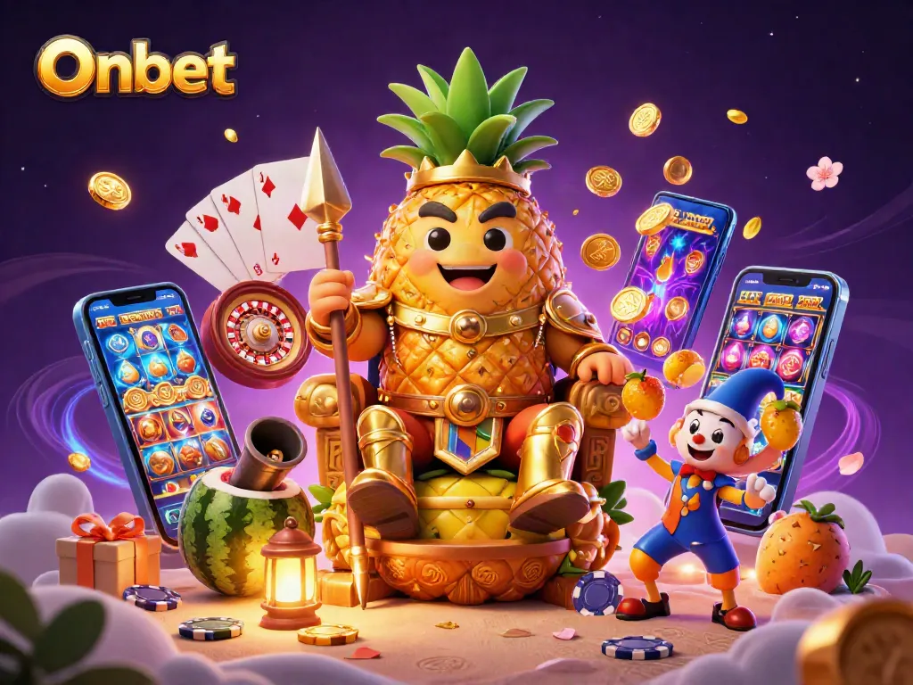 Engage with Onbet's vibrant slot games featuring a golden pineapple king and playful elements.