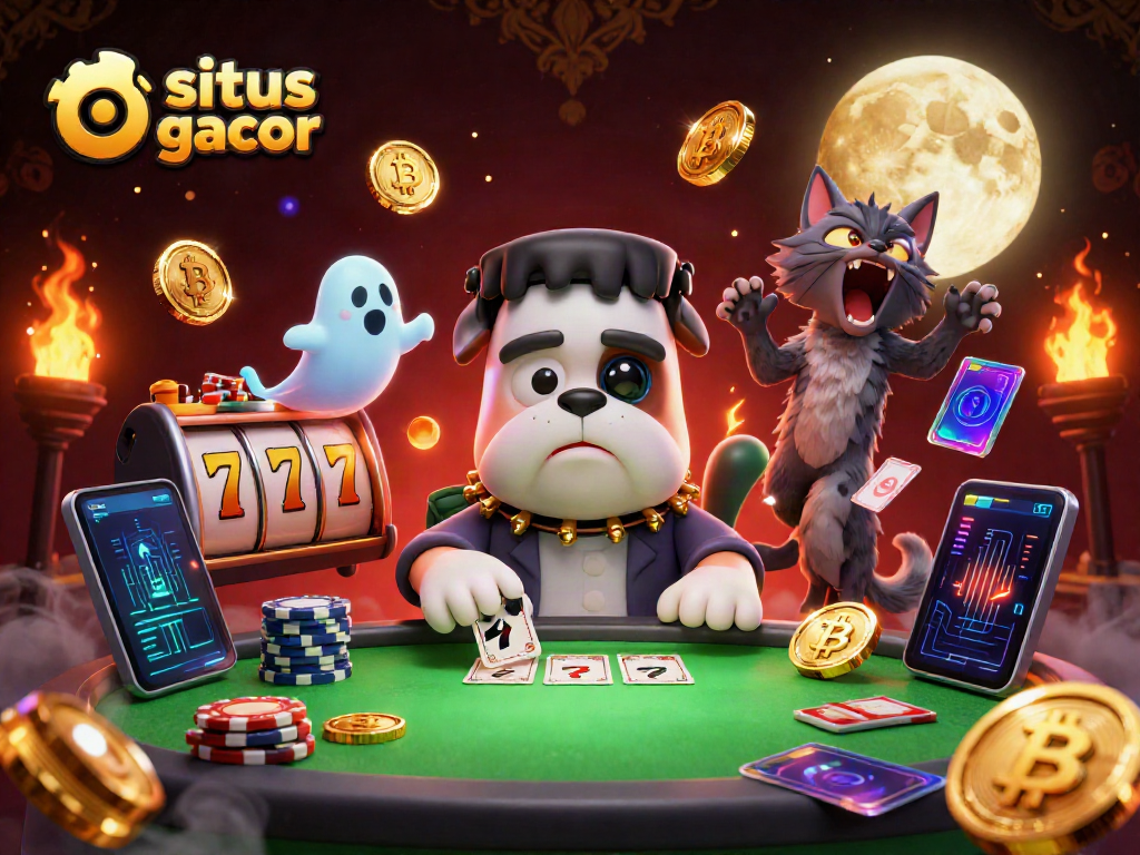 Permainan kartu oleh situs slot gacor dengan karakter Frankenstein bulldog dan kucing werewolf.