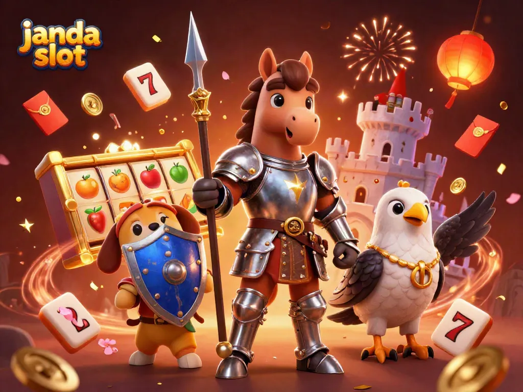 Ilustrasi 3D janda slot yang menggambarkan keseruan permainan dengan karakter menarik dan elemen festival.