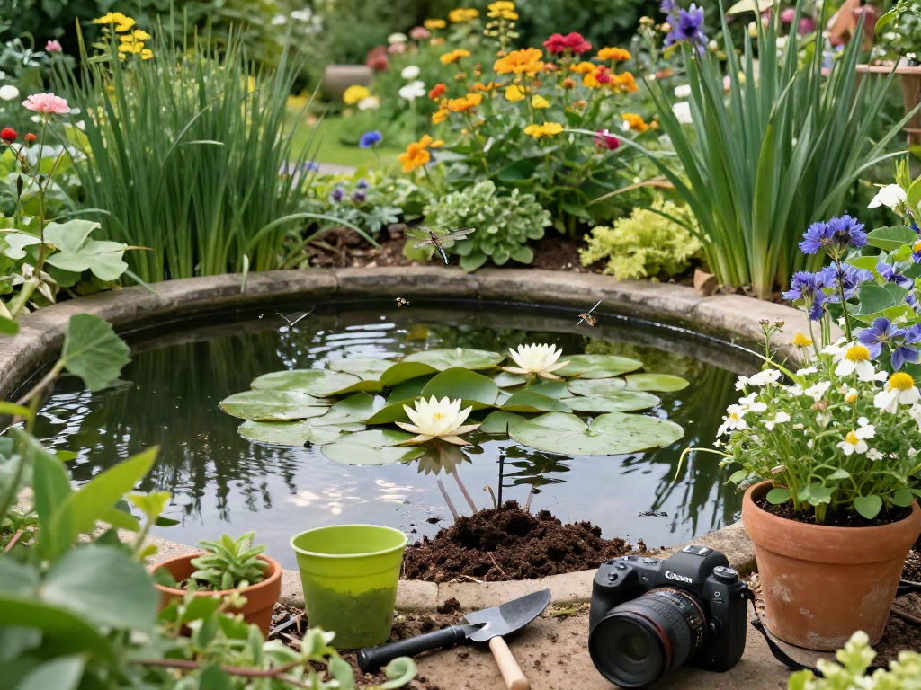Beautiful British pond plants being planted in a tranquil pond setting.