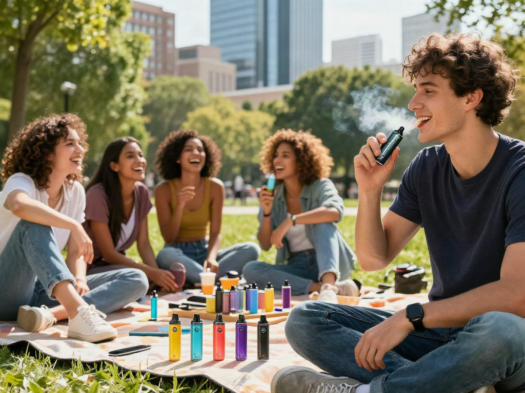 Young adult enjoying a Hitz infinity Gen 7 vape outdoors in the city park.
