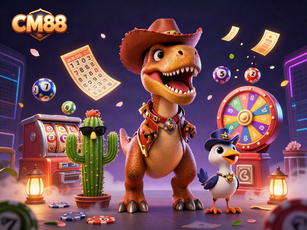 CM88-themed cartoon illustration featuring a T-Rex dinosaur and casino elements, showcasing vibrant gambling action.
