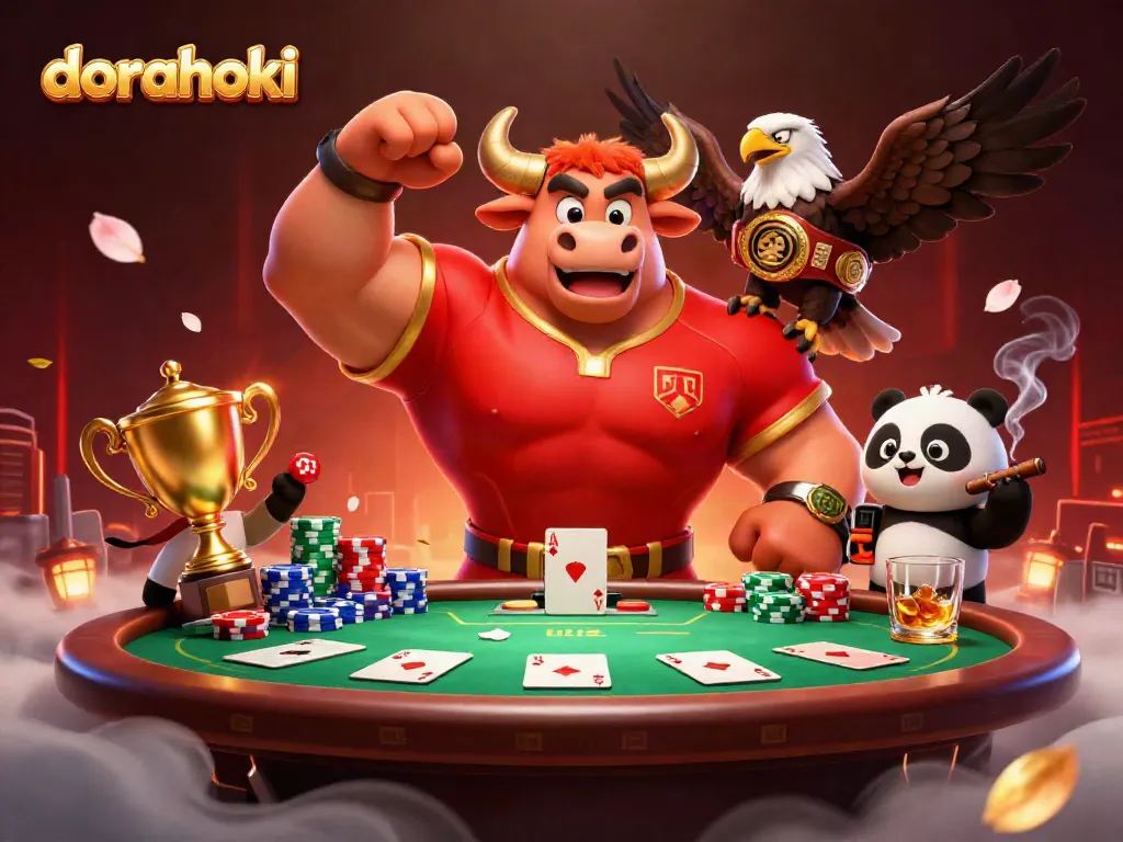 Dorahoki menghadirkan suasana kemenangan dengan karakter kartun bullish merayakan di kasino