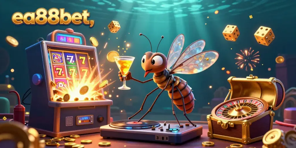 Experience the excitement with ea88bet as a frozen mosquito mascot celebrates at a vibrant casino.