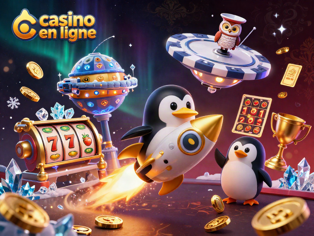 Profitez de l'univers des jeux avec ce casino en ligne illustré dynamiquement par un pingouin doré.