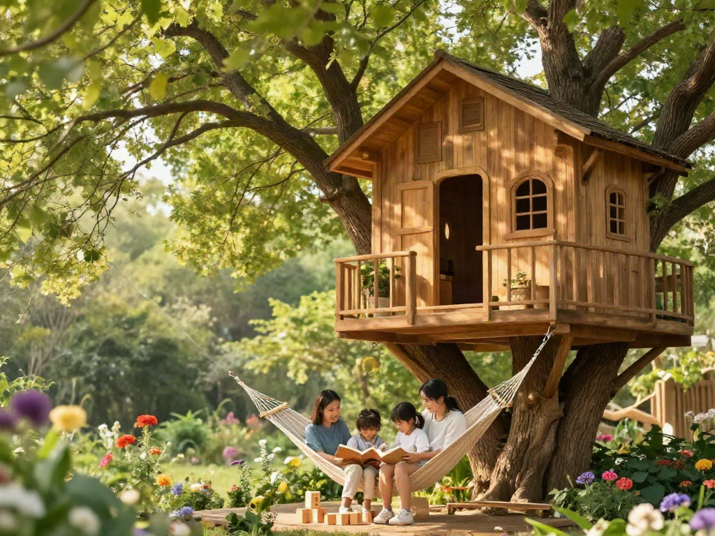 Family enjoying tree house life with children playing and parents relaxing in a natural setting.