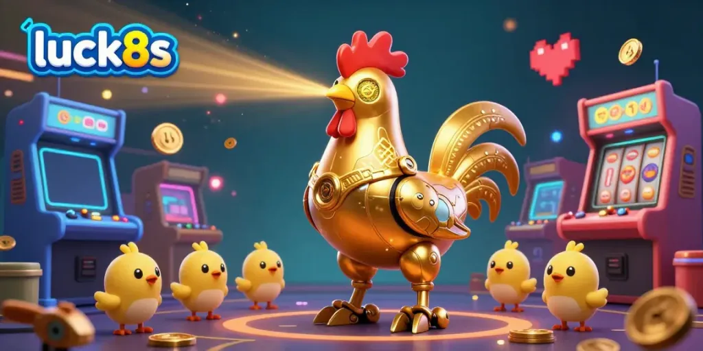 Engage in thrilling gaming with luck8s at a vibrant casino illustration featuring a golden rooster robot.