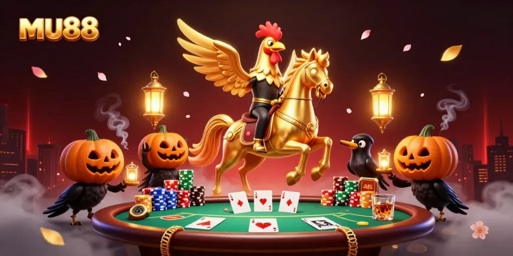 Experience the thrill of mu88 in this vibrant casino scene featuring a golden rooster and spectral horse.