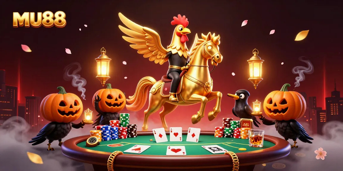 Experience the thrill of mu88 in this vibrant casino scene featuring a golden rooster and spectral horse.