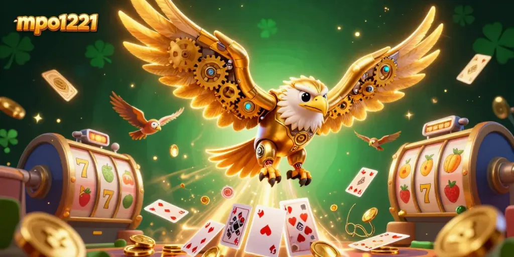 Experience the excitement of mpo1221 as a cybernetic eagle dives through vibrant slot symbols.