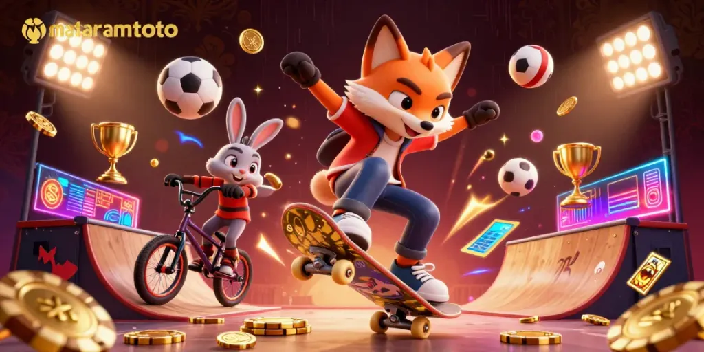 Experience the thrilling action at mataramtoto with vibrant cartoon characters showcasing dynamic gaming elements in a rich casino environment.