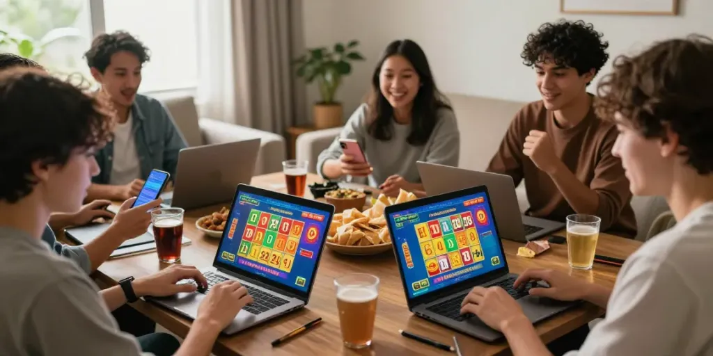 Pengguna ceritoto situs bermain togel online dengan laptop dan smartphone di ruang tamu yang nyaman.