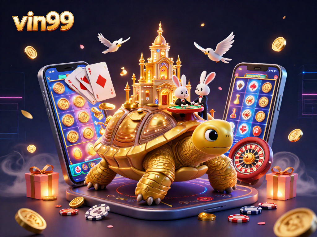 Experience thrilling gameplay with vin99 at a vibrant 3D casino illustration of a golden tortoise.