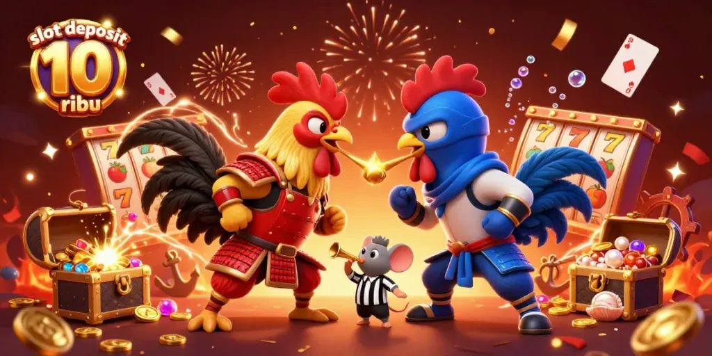 Engage with exciting gameplay in slot deposit 10 ribu featured with fighting roosters and colorful casino elements.