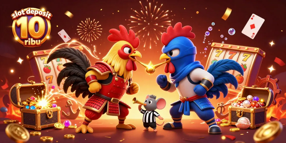 Engage with exciting gameplay in slot deposit 10 ribu featured with fighting roosters and colorful casino elements.