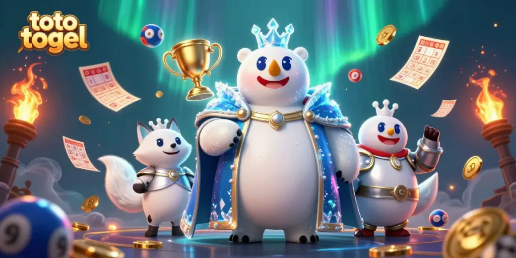 Experience the excitement of toto togel with a colorful 3D illustration featuring a royal polar bear and a silver-armored fox.