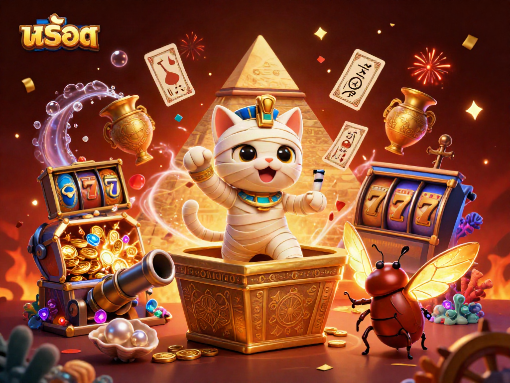 Engage with สล็อต gaming through a vibrant 3D scene filled with Egyptian casino elements and exciting treasures.