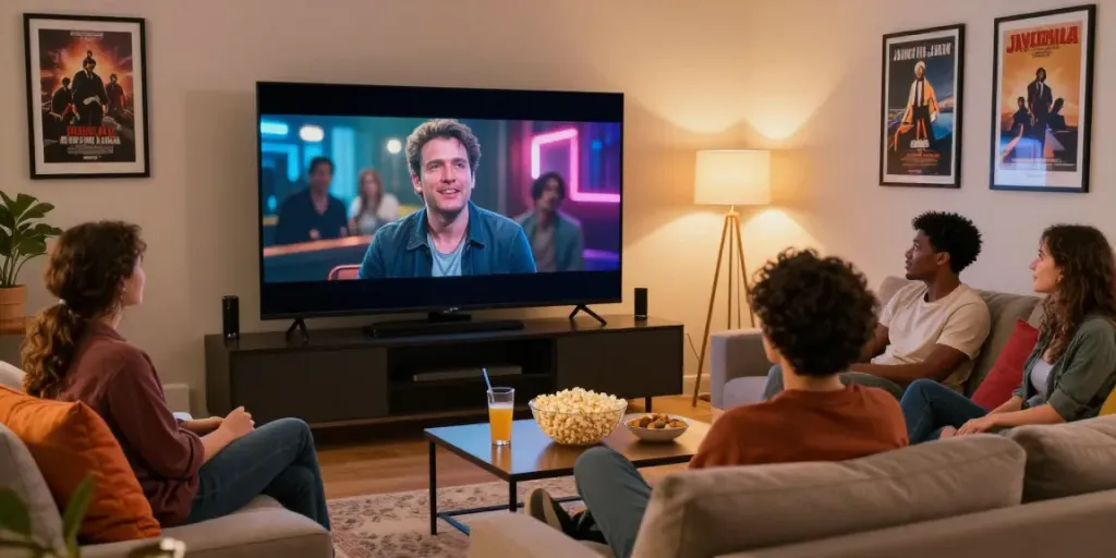 Group of friends enjoying JAV sub indo films in a cozy living room with popcorn and drinks.