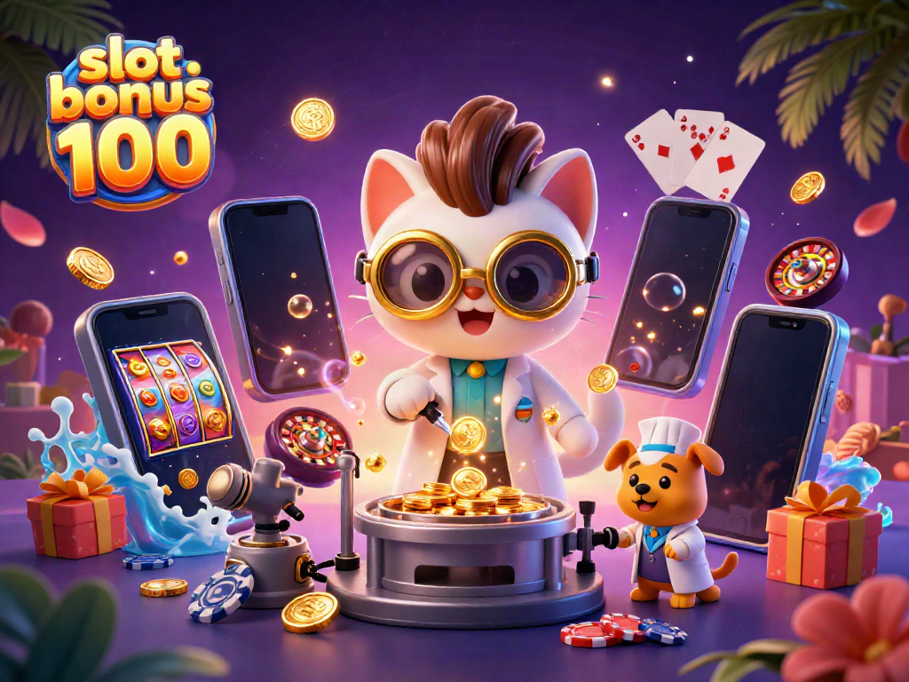 Engage with the exciting slot bonus 100 in this vibrant scene featuring a mad scientist cat and loyal dog amidst dynamic casino elements.