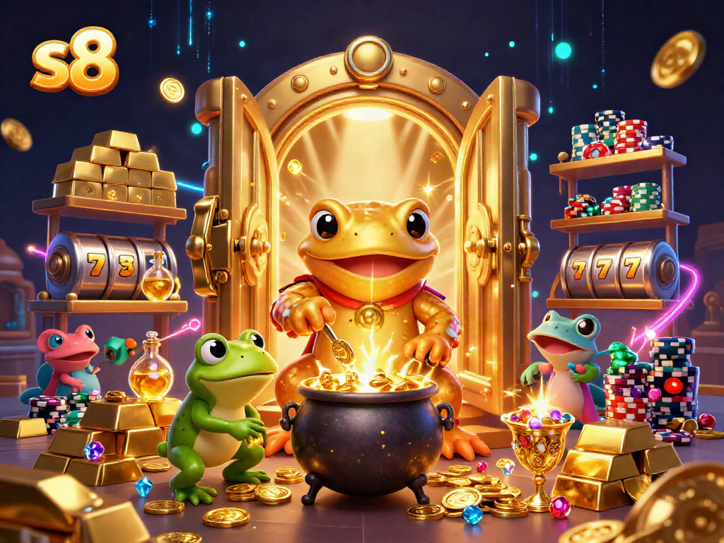S8 casino adventure with a golden salamander alchemist, frog apprentice, and slot machine elements.