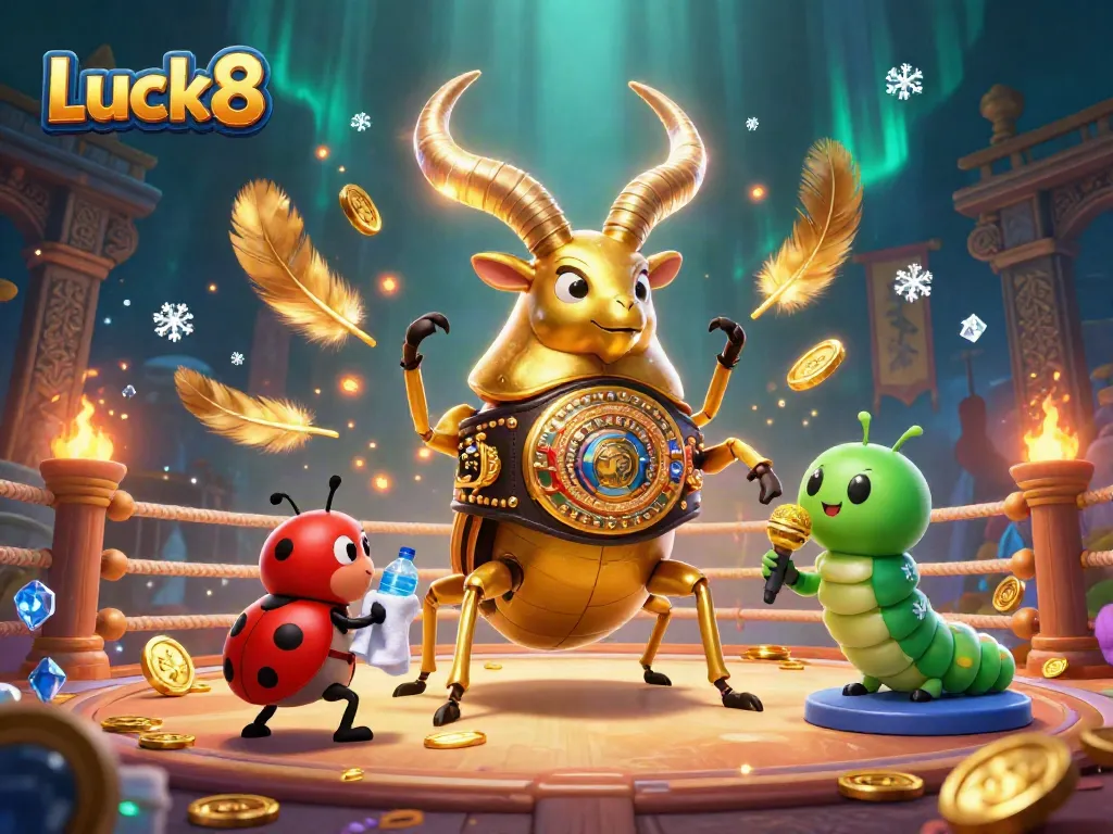 Enter the vibrant world of Luck8 as a giant beetle champions a thrilling casino match in a magical arena.