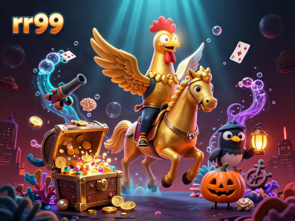 Experience thrilling gaming with rr99 in a vibrant casino scene featuring a golden rooster, collectibles, and underwater treasures.