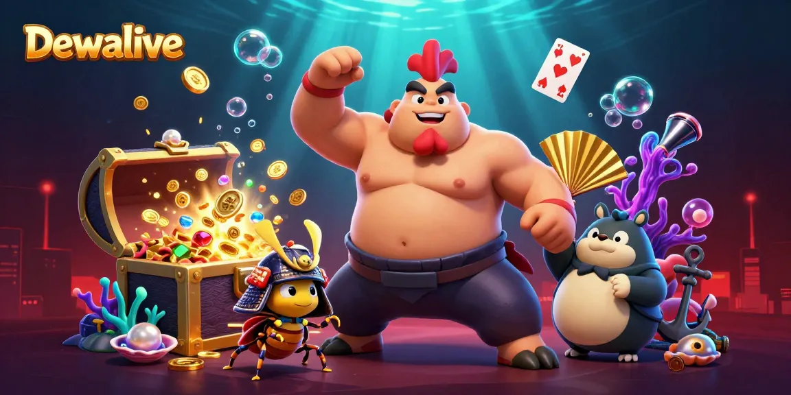 Dewalive showcases vibrant characters in a lively casino scene with gold coins and neon colors.