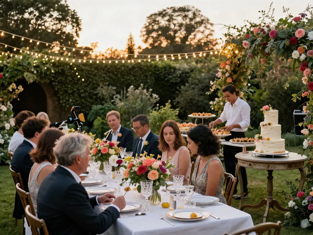 Outdoor wedding reception with elegant event rentals and vibrant decor.