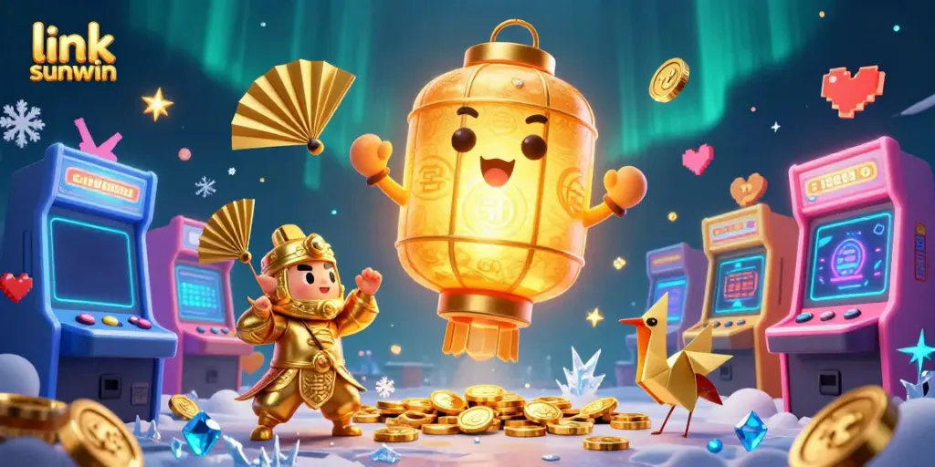 Experience the vibrant world of online gaming with link sunwin, showcasing a golden lantern spirit amid dynamic casino elements.