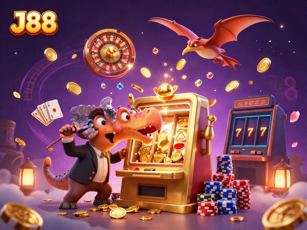 Experience the fun with J88 as a pachycephalosaurus wins jackpot coins from a golden slot machine in this vibrant casino scene.