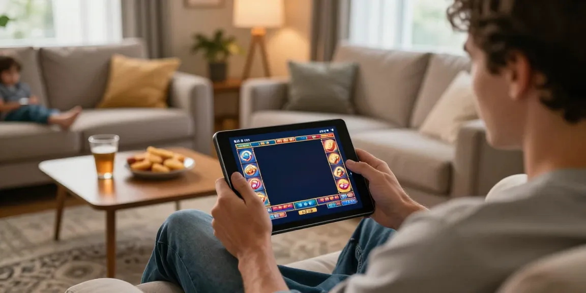 Player enjoying an engaging slot game on a tablet in a cozy living room.