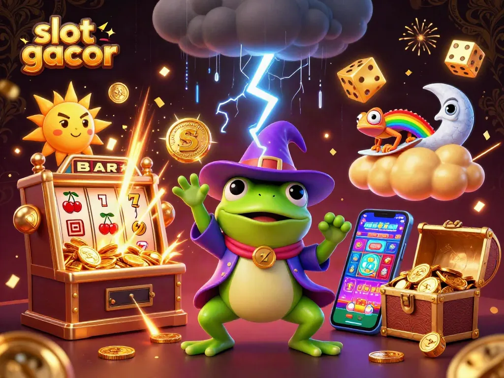 slot gacor berputar pada mesin slot yang meledak dengan koin emas dan simbol keberuntungan