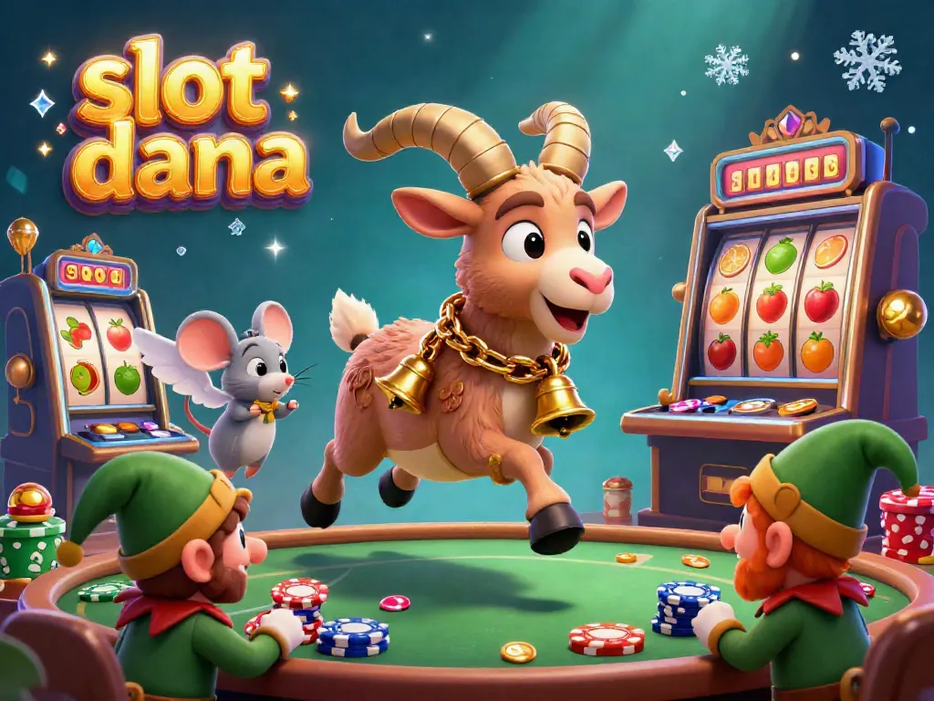Ilustrasi kasino yang meriah dengan karakter Krampus dan mouse, menggambarkan slot dana dengan mesin slot dan chip poker.