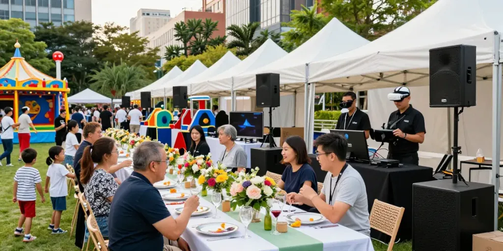 Event rentals featuring vibrant interactions at an outdoor event in Saudi Arabia with luxury setups and games.